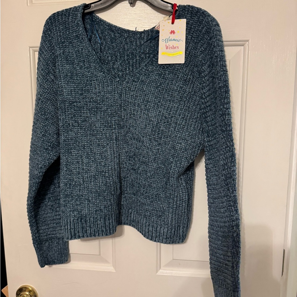 Pink Rose V-Neck Sweater in Blue